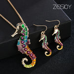 Zeisioy Golden Sea Horse Pendant Necklace Earrings - Proshot Bazaar